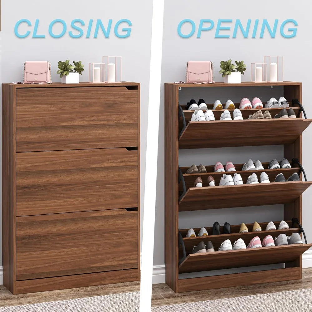Slim Shoe Cabinet with 3 Flip Drawers, Adjustable Shelves, Freestanding Organizer for Entryway Hallway Closet Storage