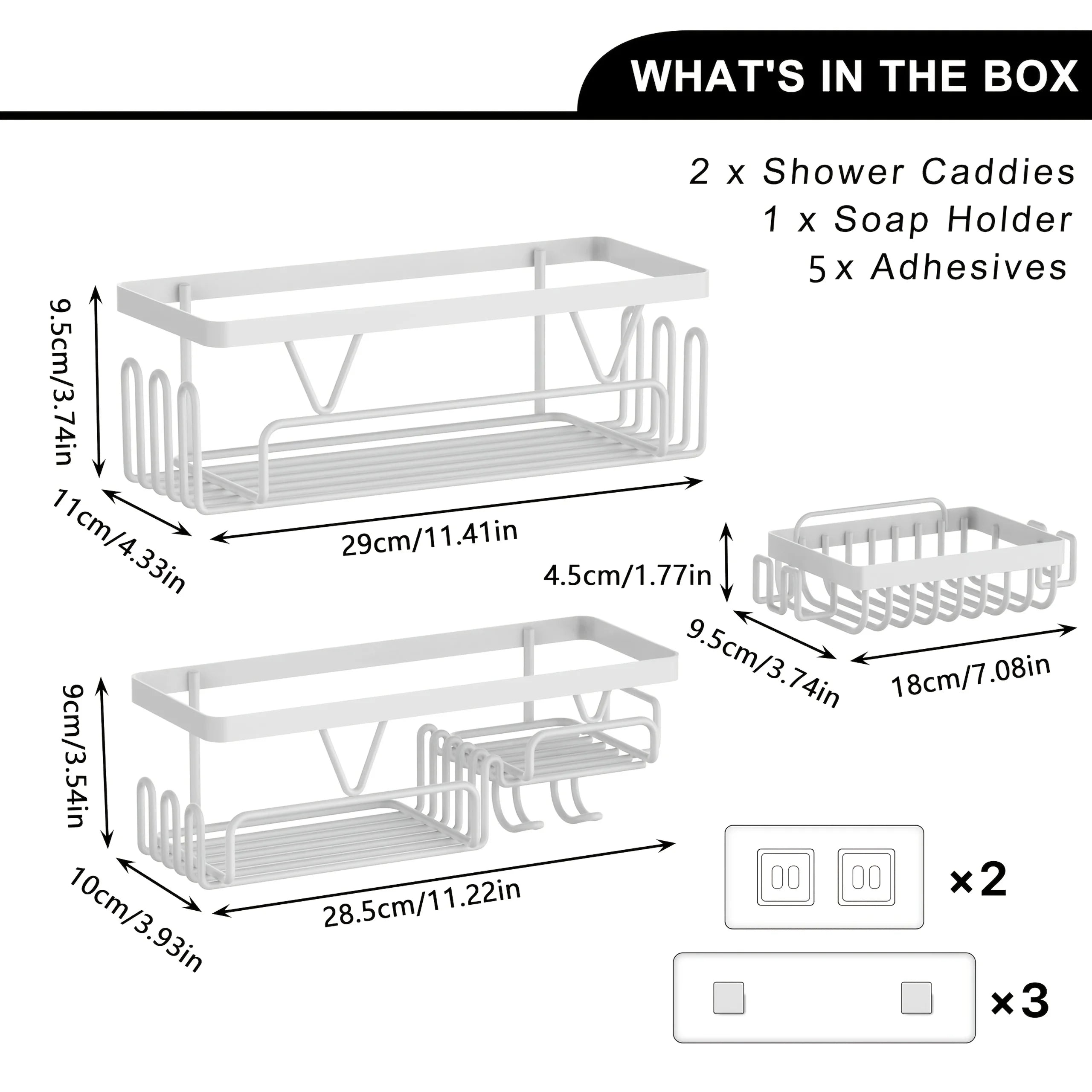 Shower Caddy, 3 Pack Shower Shelves for Inside Bathroom, Rustproof Adhesive Bathroom Organizer with Soap Holder, No Drilling Washroom Organizers and Storage for Bathtub Room/Kitchen/Home