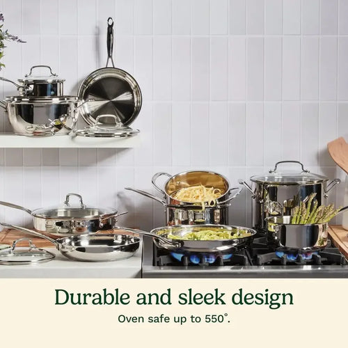 17Piece Stainless Steel c Set, Chefs Classic Steel Collection with Pure Aluminum Core for Quick and Even Heat, Cool Grip