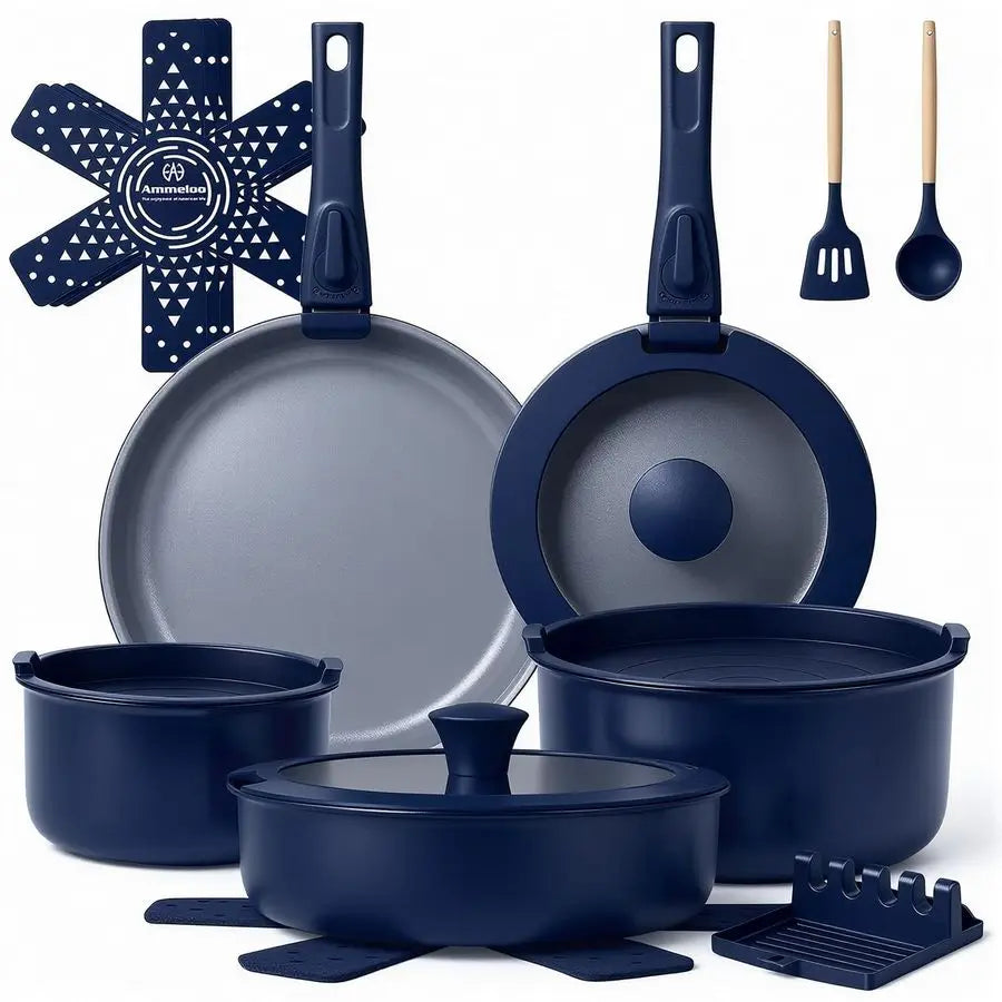 18Piece Ceramic Pots and Pans Set Non Stick, Non Toxic Cookware Set with Removable Handles, Pot Sets for Cooking, Induction Ready