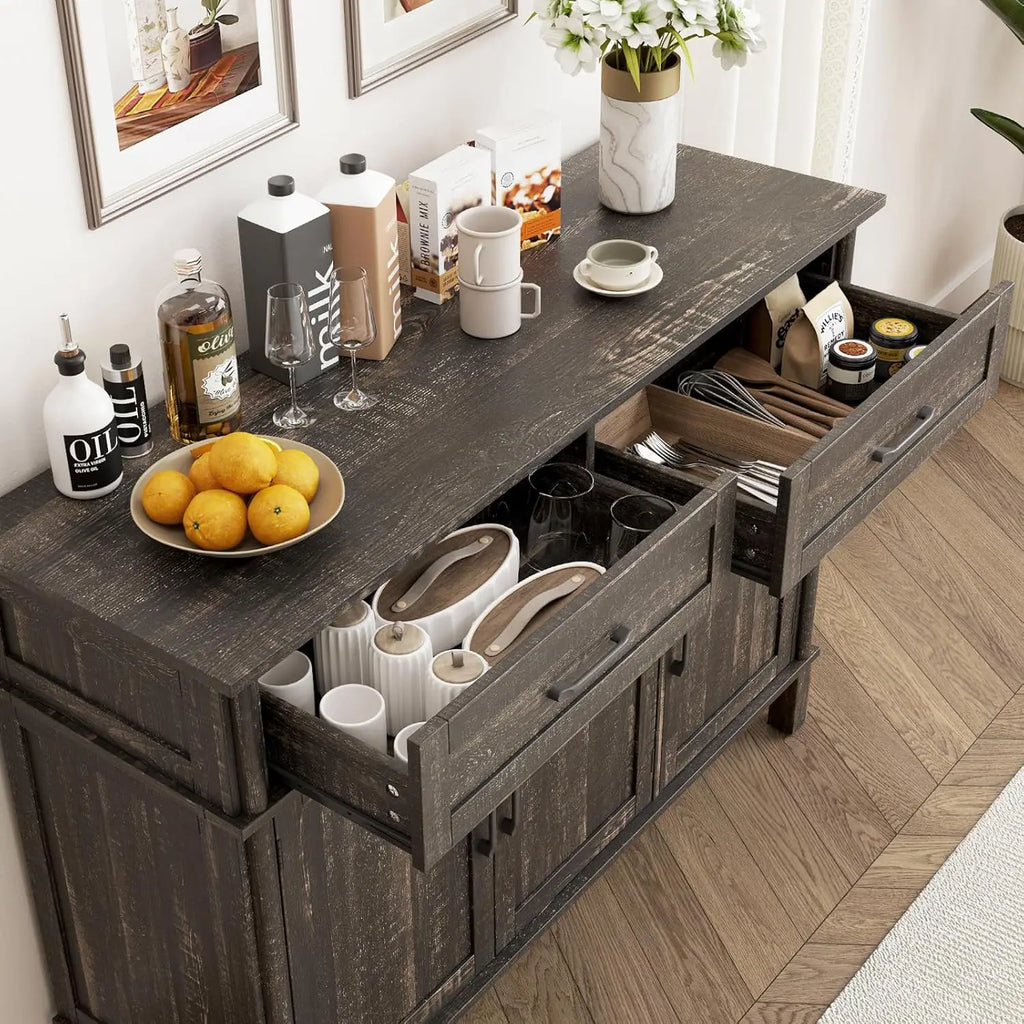 48" (122cm) Rustic Brown Farmhouse Sideboard Buffet Cabinet, Storage Coffee Bar with 2 Drawers + 3 Doors & Adjustable Shelves, Living Room Kitchen Storage Cabinet