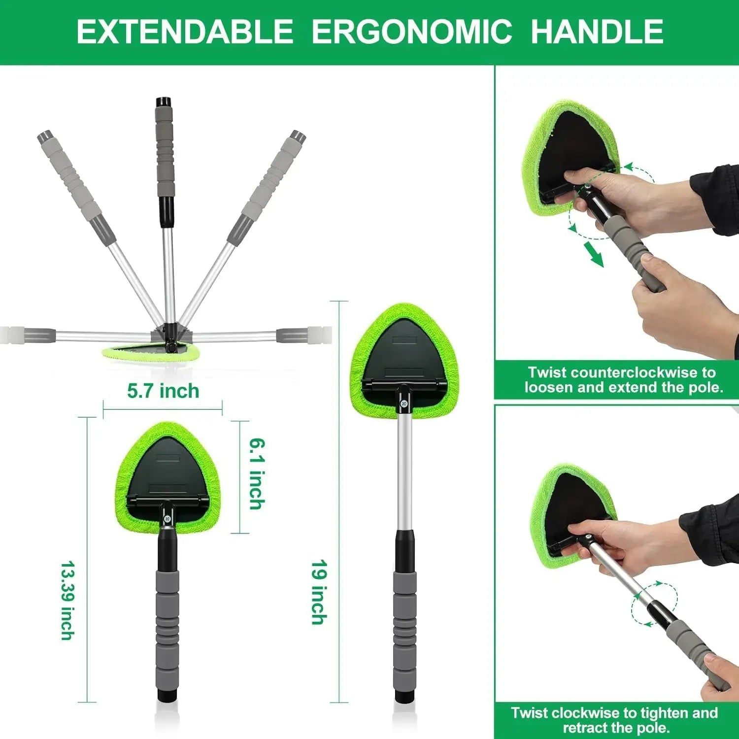 Windshield Cleaner Tool – Car Interior Window Cleaning Kit with Extendable Handle & 4 Microfiber Pads, Auto Wiper Inside Windshield Brush for Car & Home Windows