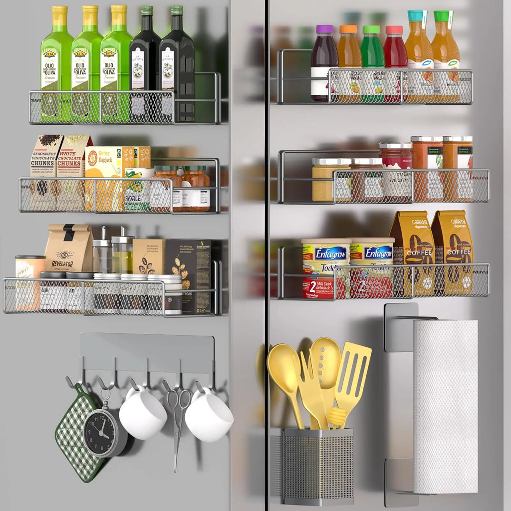Refrigerator Magnetic Spice Rack, 6-piece 100% Metal Strong Magnetic Shelf Black, Space-Saving Spice Storage, Home Kitchen Laundry Storage Organization W/Tissue Rack, Cutlery Rack