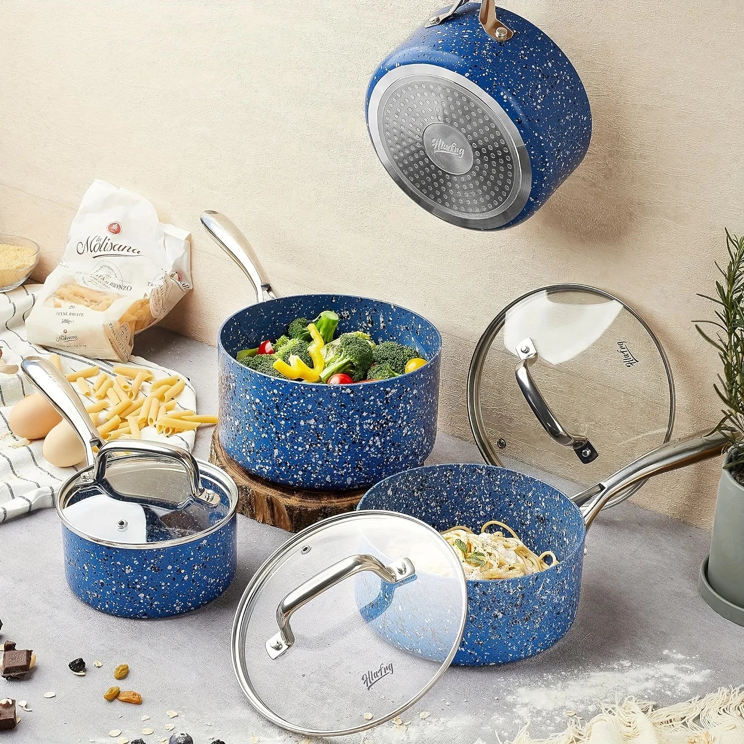 HLAFRG Sauce Pan Set with Lid, Nonstick 2Qt & 3Qt Pot Set with Lid, Small Pot with Stainless Steel Handle, Blue Pot Set