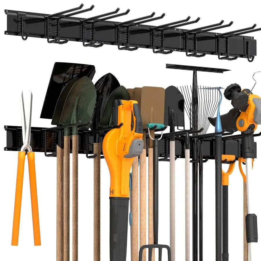 Heavy Duty Garage Storage Rack System, Wall Mounted Tool Organizer with 8 Double Hooks, 3 Rails, Garden Yard Tools Hanger for Sk