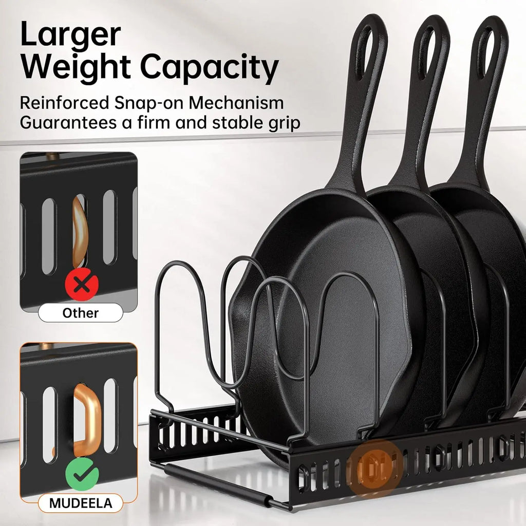 Expandable Pots and Pans Organizer Rack for Cabinet, Adjustable 10 Compartments Kitchen Cookware Holder for Pot Lid Cutting Board Bakeware Storage