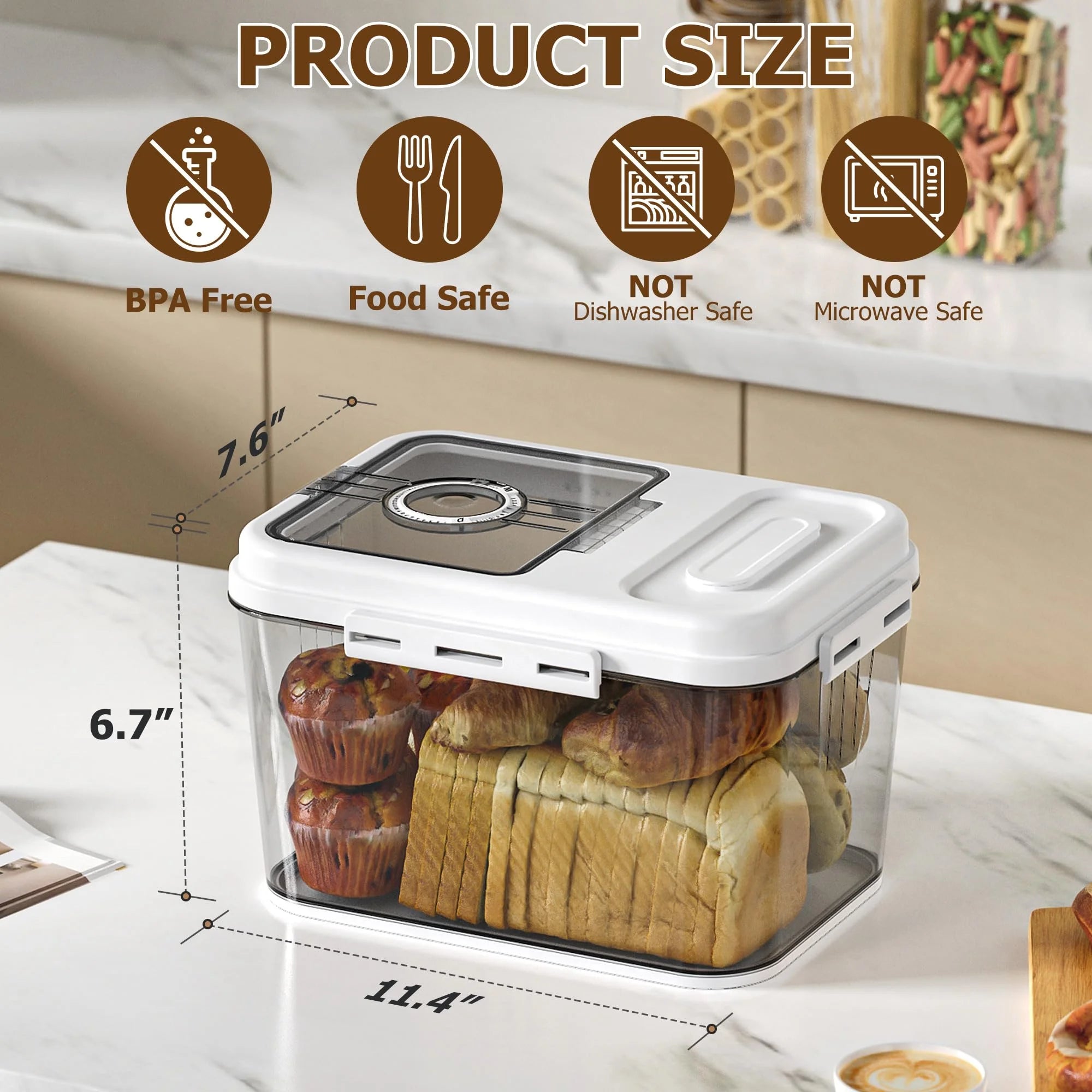 Bread Box For Kitchen Countertop, Airtight Bread Storage Container, Time Recording Bread Keeper with Lid,Bread Storage For Homemade Breads, Toast, And Cookies, White Bread Holder.