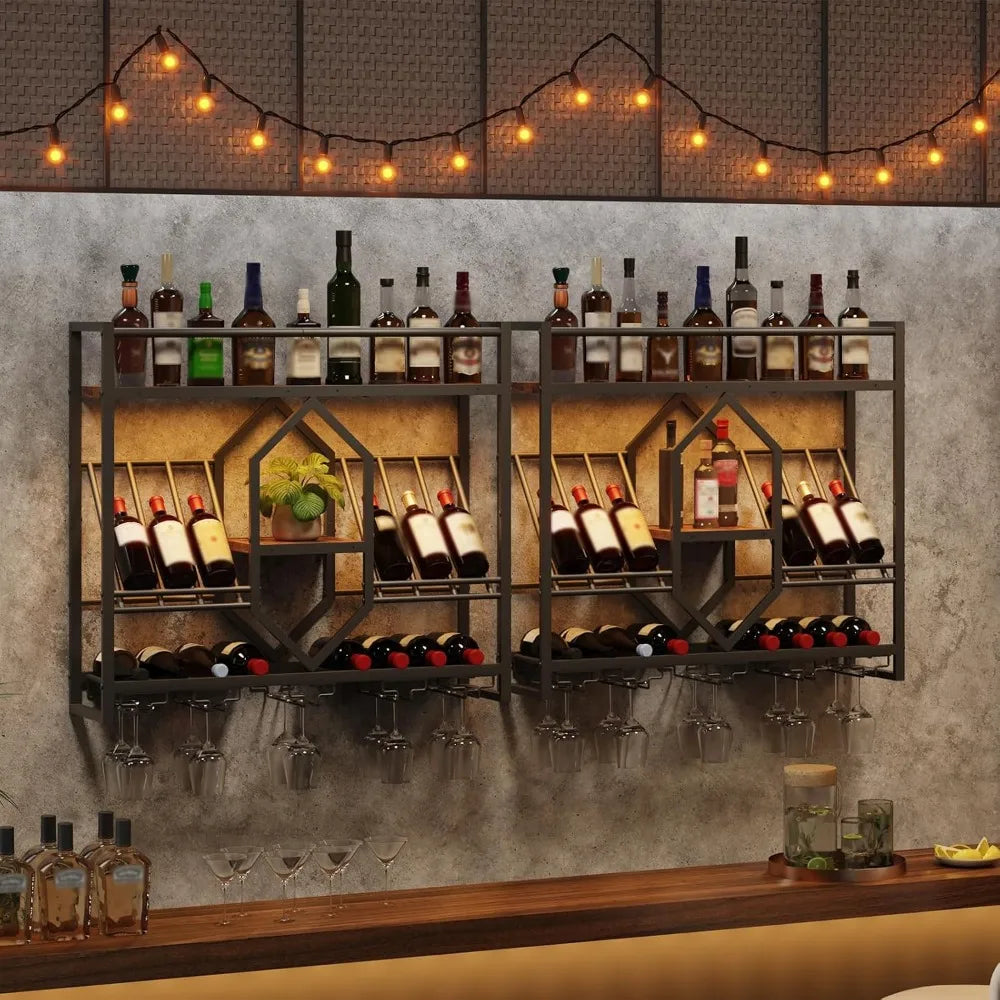 Wall Mounted Wine Rack with LED Light, 3 Tier Display Shelf, Hanging Liquor Storage for Kitchen and Bar