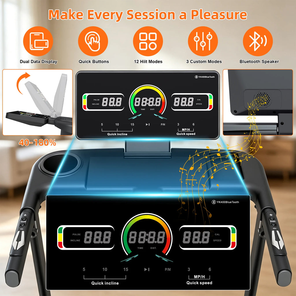 Home Foldable Treadmill with 15% Incline, Quick Fold Frame, Wide Running Belt, Brushless Motor, 12 HIIT Modes, 330 LBS Capacity, Bluetooth App & Heart Rate Monitor