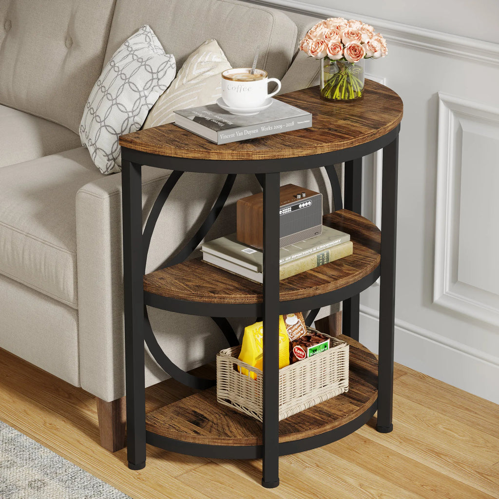 Tribesigns Half Round End Table for Living Room, 3-Tier Half Side Table with Metal Frame, Industrial Table with Storage