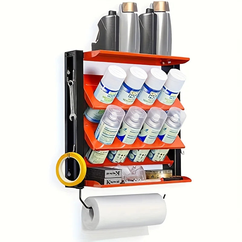 Heavy-Duty Steel Garage, Workshop, Kitchen Organizer - Wall Mounted Spray Tank & Paper Towel Rack with 8 Spray Tank Slots, Double Shelves, Tool Hooks - Space-Saving Heavy-Duty Storage Rack - Holds 100 lbs (46kg) - for Garage,