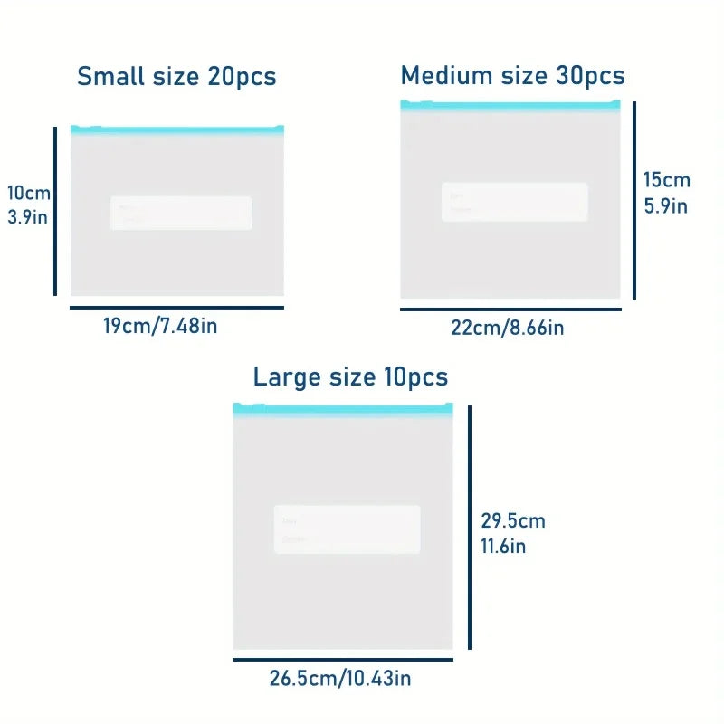 60 Pcs Leak-proof Reusable Safety Ziplock Bags, 3 Sizes for Food Storage and Multiple Scenarios，Leakproof Material for Kitchen Organization，Transparent Fresh-Keeping Sealable Bags, Reusable, with a Stand-Up Zipper Design