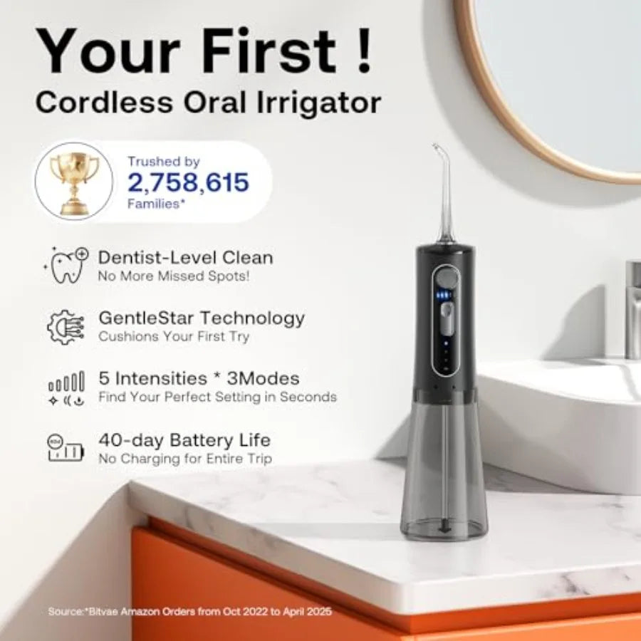 Water Dental Flosser for Teeth, Cordless Water Teeth Cleaner Picks, 3 Modes 5 Intensities, IPX7 Waterproof, Rechargeable Water