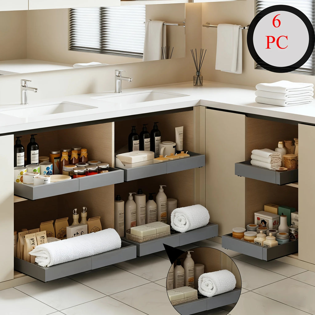 2/4/6pcs Expandable Pull Out Drawers for Kitchen Cabinets Sliding Storage Shelves, Heavy Duty Carbon Steel Pantry Organizer, No Drill Under Sink Roll Out Basket, Easy Access Cabinet Shelf for Bathroom & Laundry