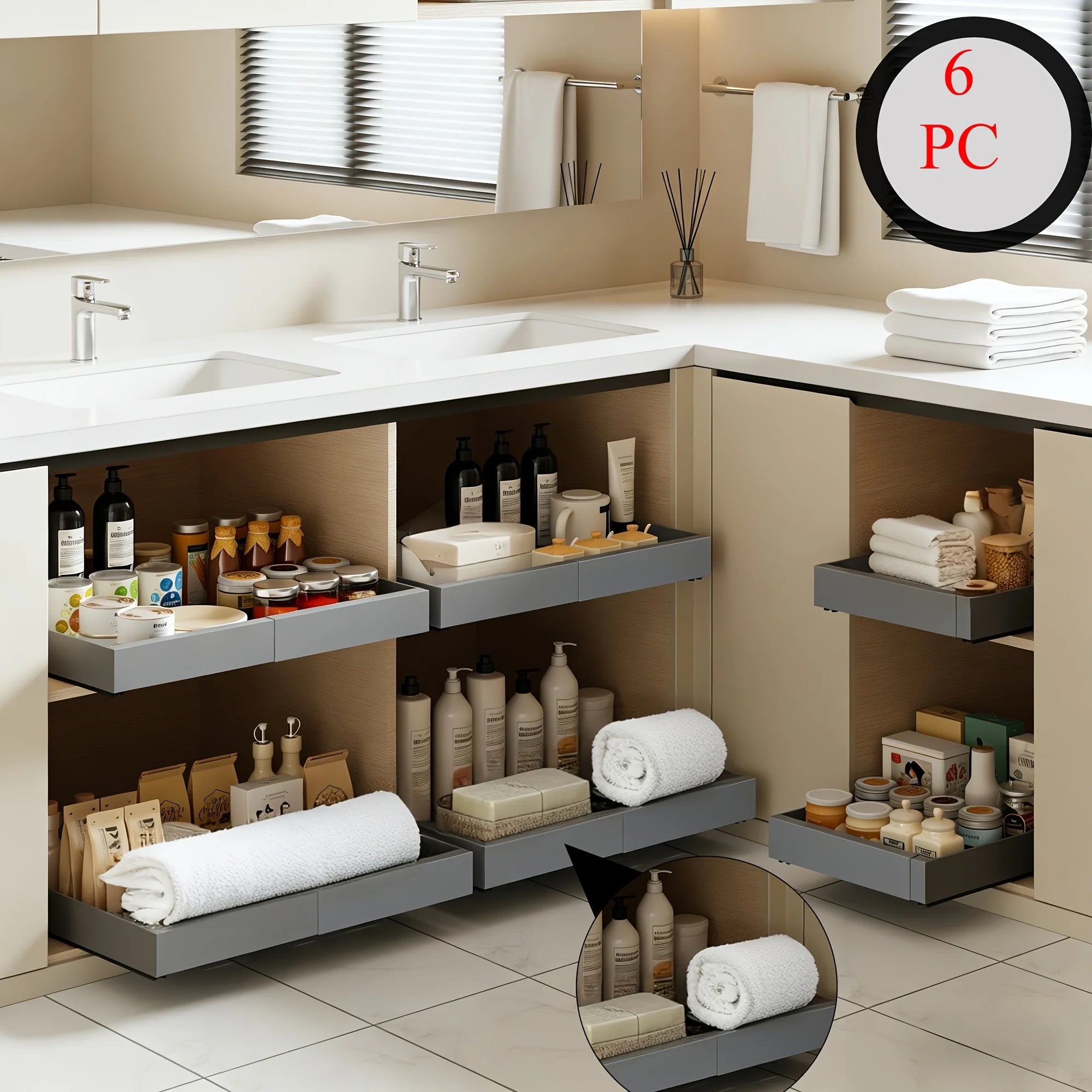 2/4/6pcs Expandable Pull Out Drawers for Kitchen Cabinets Sliding Storage Shelves, Heavy Duty Carbon Steel Pantry Organizer, No Drill Under Sink Roll Out Basket, Easy Access Cabinet Shelf for Bathroom & Laundry