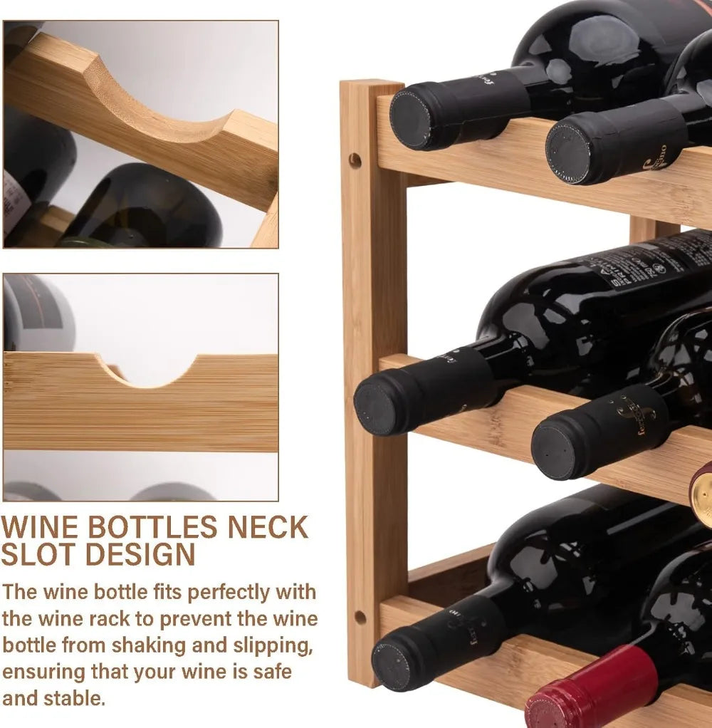 3-Tier Bamboo Wine Rack Holds 12 Bottles, Sturdy Countertop Storage for Kitchen Bar Dining Room, Easy Assembly