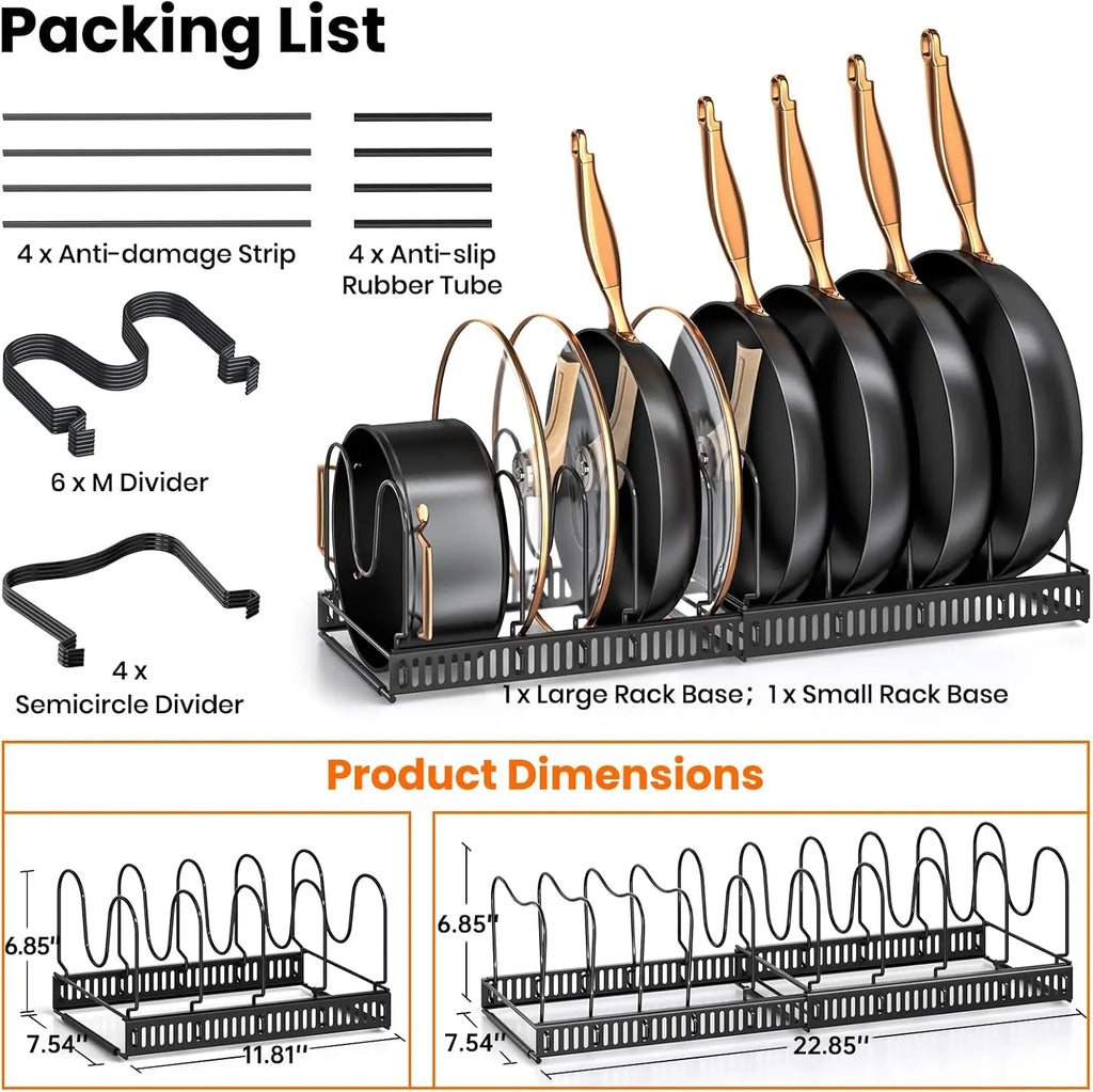 Expandable Pots and Pans Organizer Rack for Cabinet, Adjustable 10 Compartments Kitchen Cookware Holder for Pot Lid Cutting Board Bakeware Storage