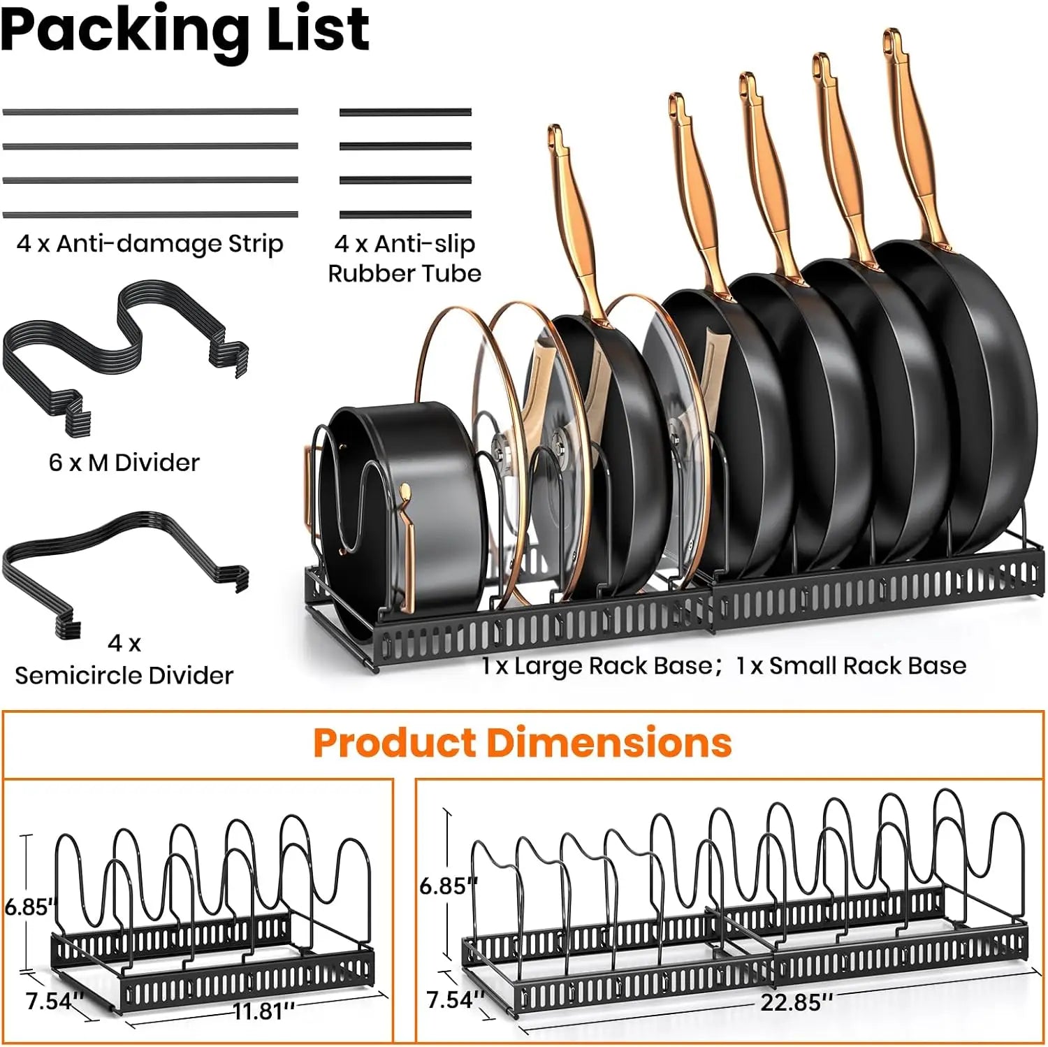 Expandable Pots and Pans Organizer Rack for Cabinet, Adjustable 10 Compartments Kitchen Cookware Holder for Pot Lid Cutting Board Bakeware Storage