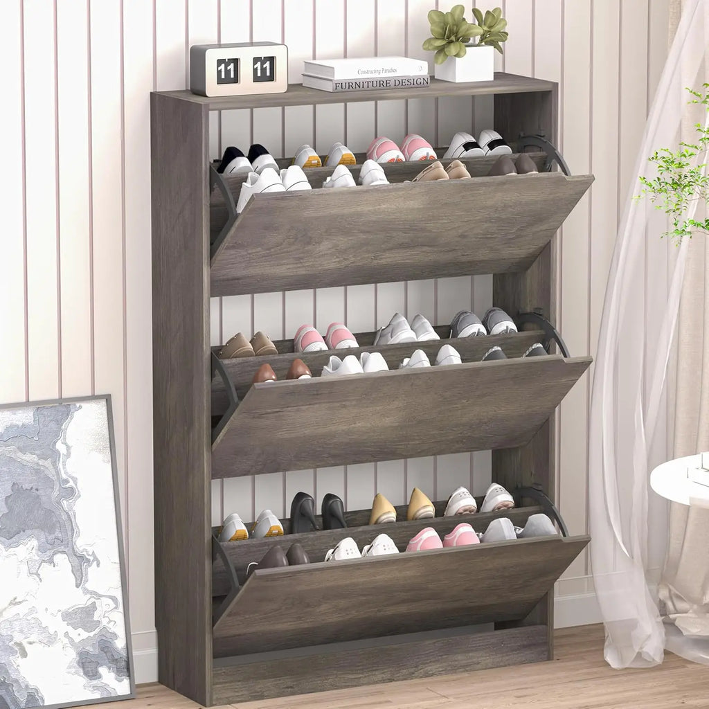 Slim Shoe Cabinet with 3 Flip Drawers, Adjustable Shelves, Freestanding Organizer for Entryway Hallway Closet Storage