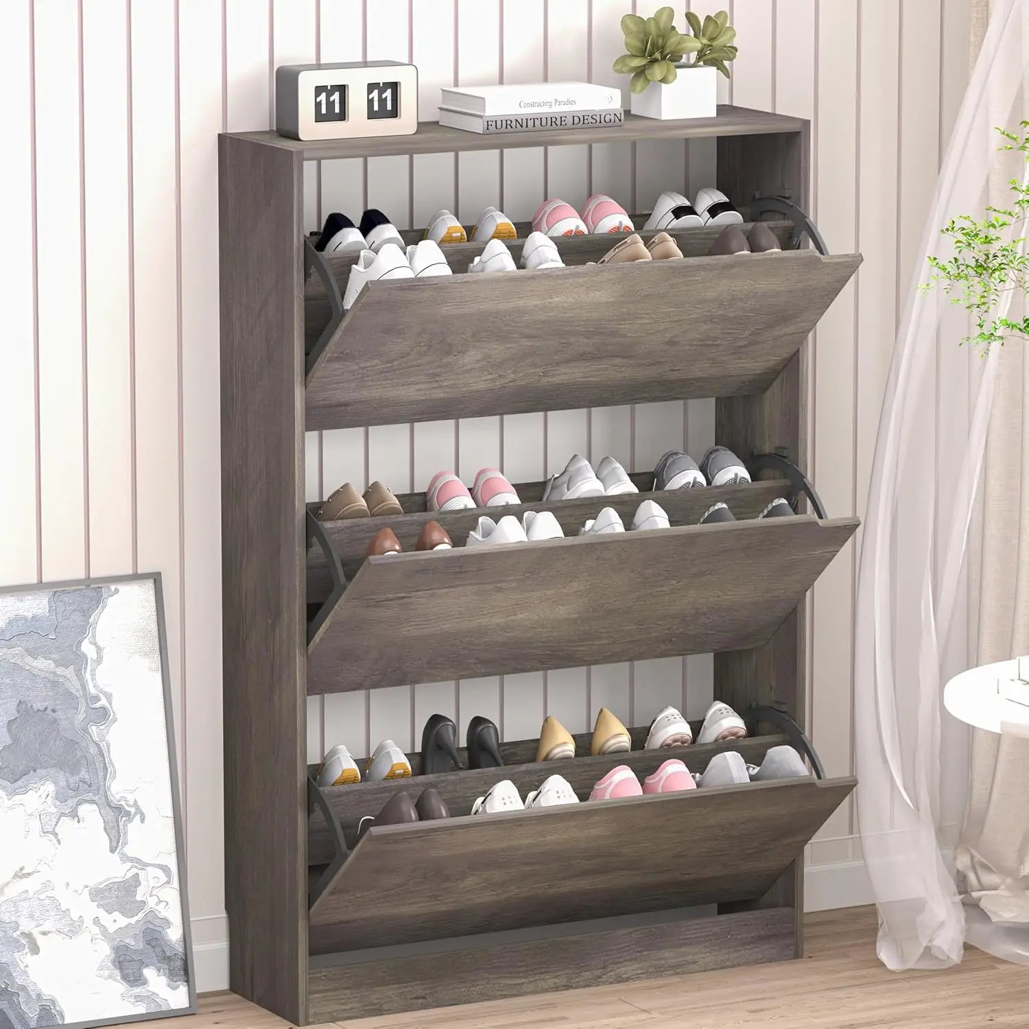 Slim Shoe Cabinet with 3 Flip Drawers, Adjustable Shelves, Freestanding Organizer for Entryway Hallway Closet Storage