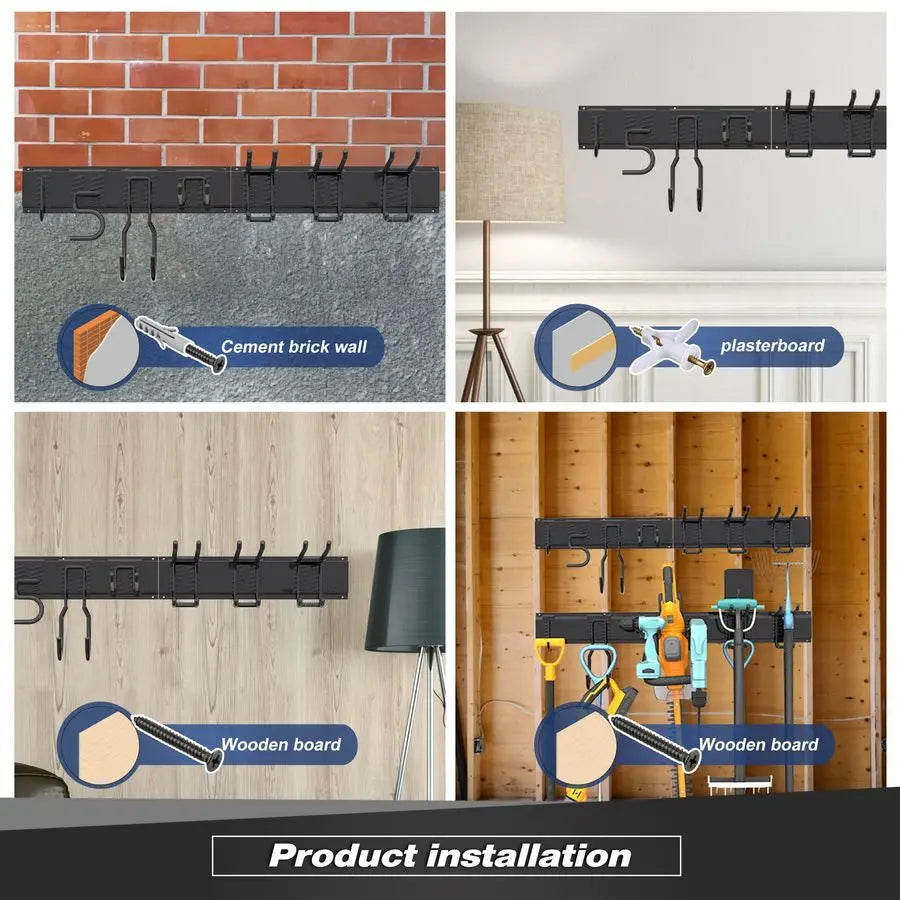 Heavy Duty Garage Storage Rack System, Wall Mounted Tool Organizer with 8 Double Hooks, 3 Rails, Garden Yard Tools Hanger for Sk