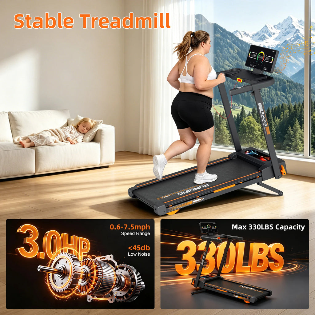 Home Foldable Treadmill with 15% Incline, Quick Fold Frame, Wide Running Belt, Brushless Motor, 12 HIIT Modes, 330 LBS Capacity, Bluetooth App & Heart Rate Monitor