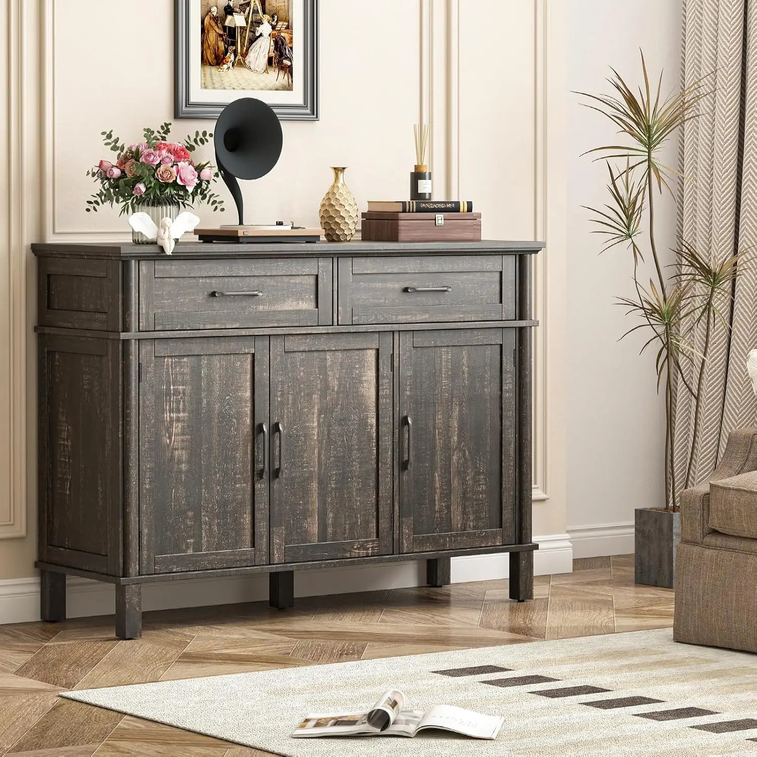 48" (122cm) Rustic Brown Farmhouse Sideboard Buffet Cabinet, Storage Coffee Bar with 2 Drawers + 3 Doors & Adjustable Shelves, Living Room Kitchen Storage Cabinet