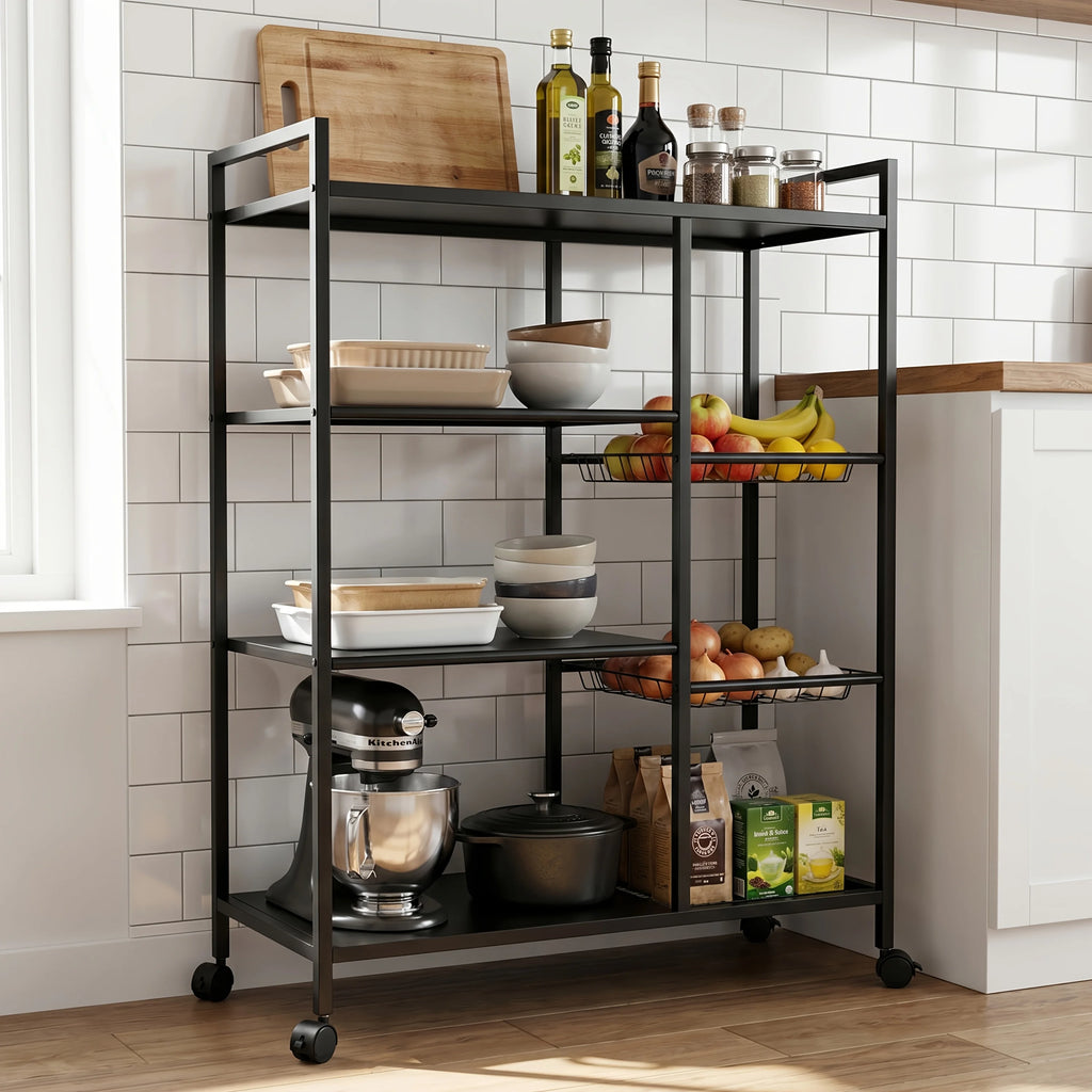 1pc Movable Storage Rack, Adjustable Kitchen Shelf with Baskets, Kitchen Organizer And Storage, Metal Shelf Rack with Wheels, Suitable for Garage, Pantry, Bathroom, Closet, Warm House Gift, New Home, Standing Shelf, Utility R