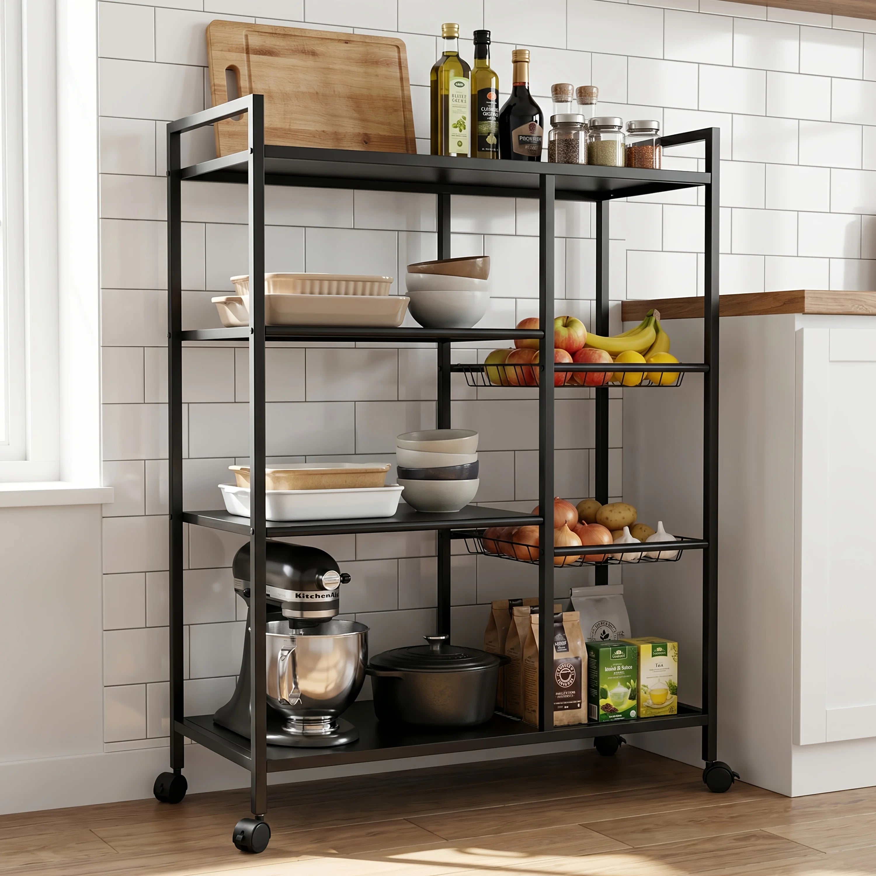 1pc Movable Storage Rack, Adjustable Kitchen Shelf with Baskets, Kitchen Organizer And Storage, Metal Shelf Rack with Wheels, Suitable for Garage, Pantry, Bathroom, Closet, Warm House Gift, New Home, Standing Shelf, Utility R