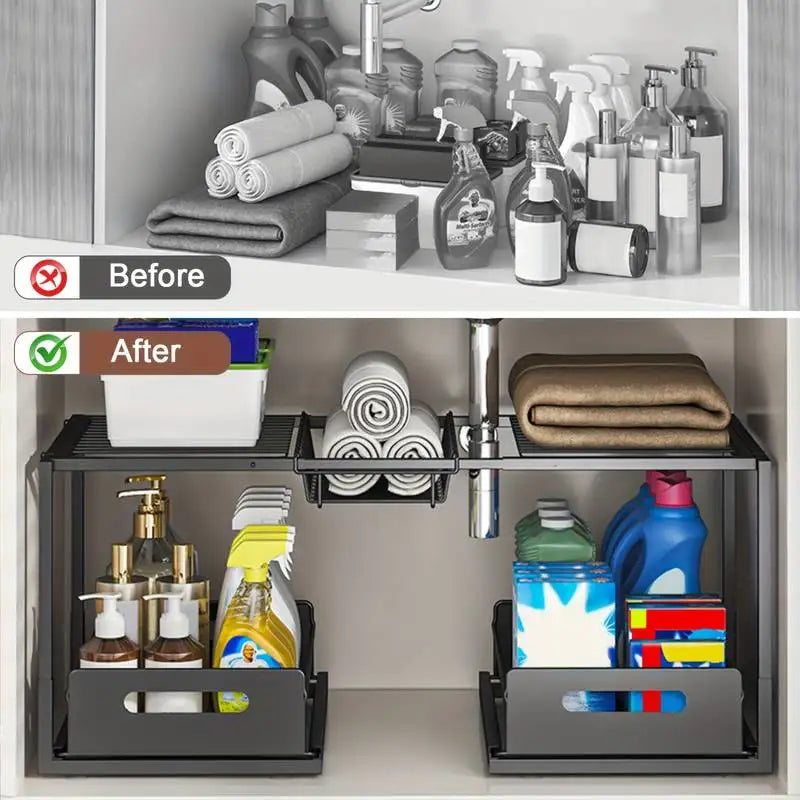 Under Sink Sliding Storage Organizer with 2 Drawers, Adjustable Multi-Level Shelf for Cabinet, Kitchen, Bathroom