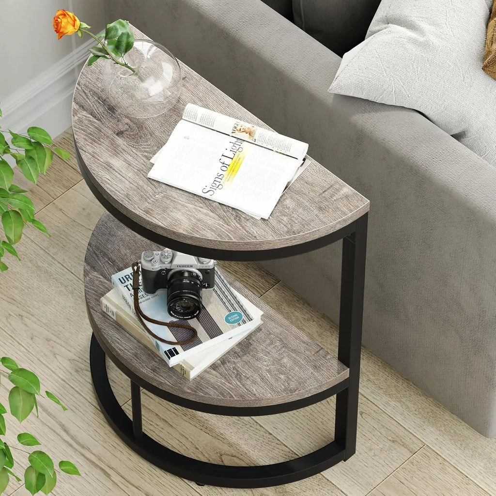 2-Tier End Table Semi Circle, Half Round Side Table with Storage Shelf, Wood Accent Table Slim C Table for Sofa Couch