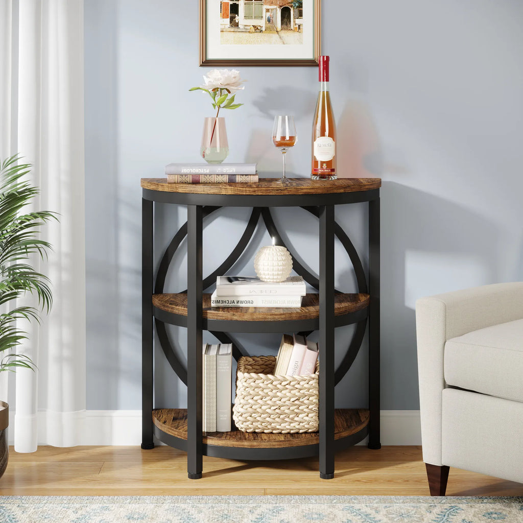 Tribesigns Half Round End Table for Living Room, 3-Tier Half Side Table with Metal Frame, Industrial Table with Storage