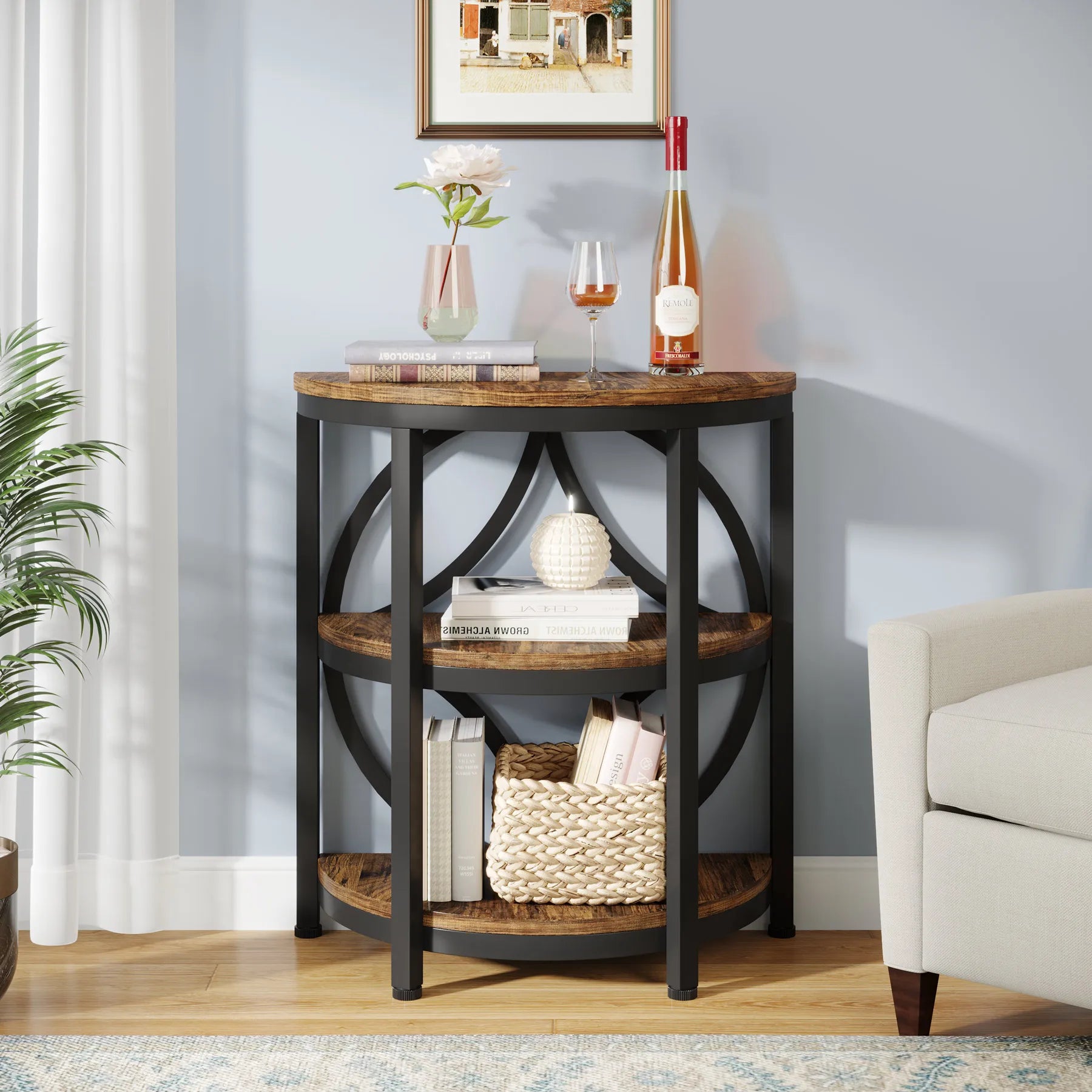 Tribesigns Half Round End Table for Living Room, 3-Tier Half Side Table with Metal Frame, Industrial Table with Storage