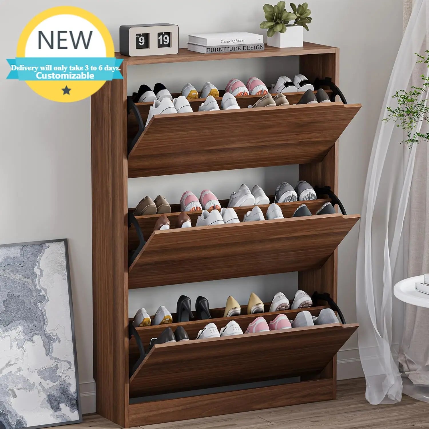Slim Shoe Cabinet with 3 Flip Drawers, Adjustable Shelves, Freestanding Organizer for Entryway Hallway Closet Storage