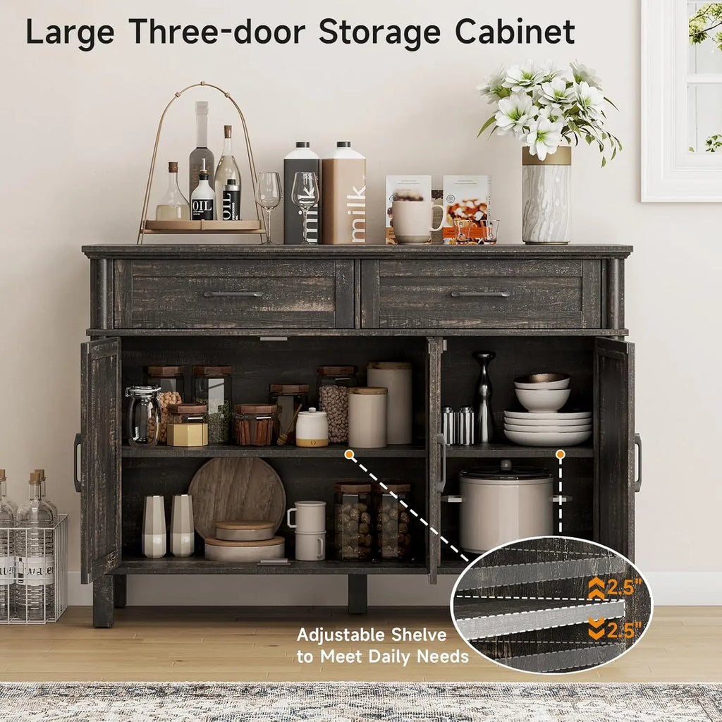 48" (122cm) Rustic Brown Farmhouse Sideboard Buffet Cabinet, Storage Coffee Bar with 2 Drawers + 3 Doors & Adjustable Shelves, Living Room Kitchen Storage Cabinet