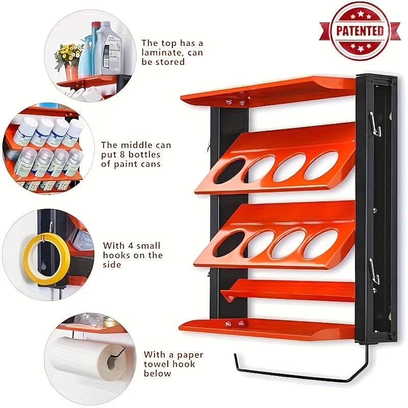 Heavy-Duty Steel Garage, Workshop, Kitchen Organizer - Wall Mounted Spray Tank & Paper Towel Rack with 8 Spray Tank Slots, Double Shelves, Tool Hooks - Space-Saving Heavy-Duty Storage Rack - Holds 100 lbs (46kg) - for Garage,