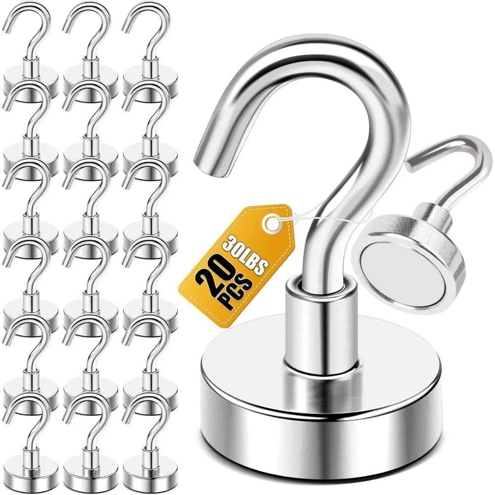 Heavy Duty 30lbs+ Magnetic Hooks Strong Cruise Ship Cabin Refrigerator Fridge Hanging Organizer for Kitchen Home Beach Vacation Classroom Grills Essentials 20 Pack Silver