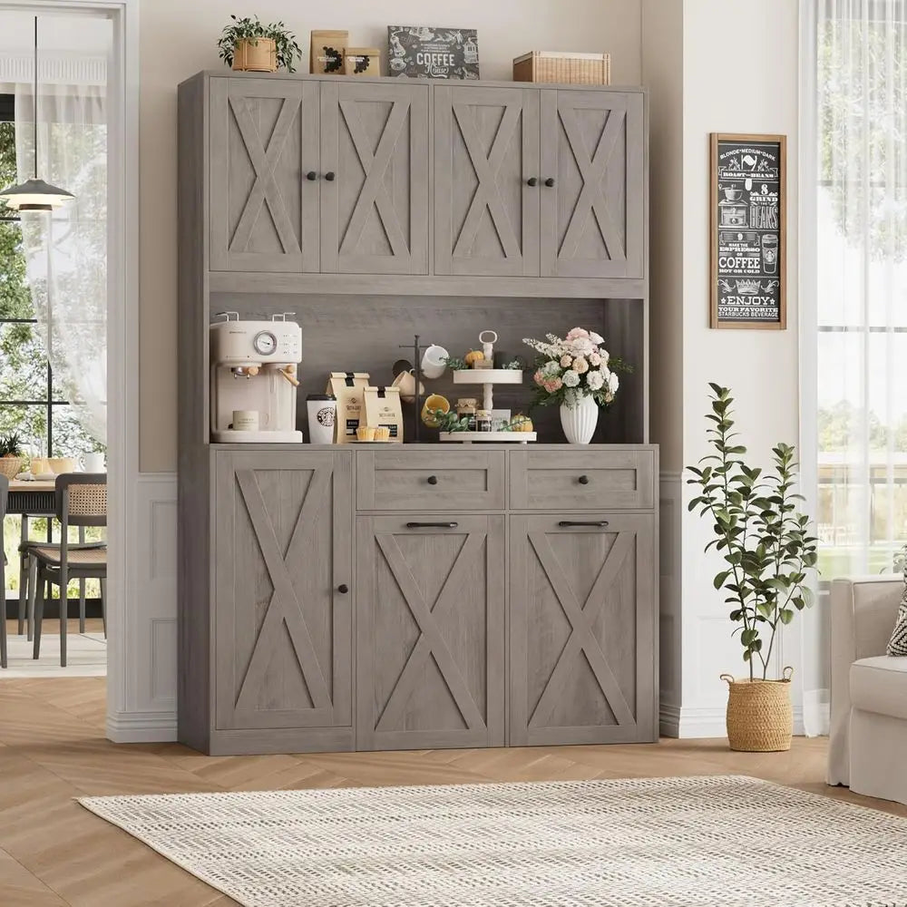 71" Kitchen Pantry with 12.5 Gallon Double Trash Can Cabinet, Grey | armhouse Garbage Can Cabinet with Pull Out Trash Can Storag