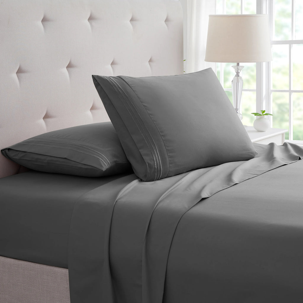 Bamboo 1800 Thread Count 4-Piece 3 Line Embroidered Sheet Set - Egyptian Luxury, Organic, 16 Inch Deep Pocket - Shrink, Fade Wrinkle Resistant