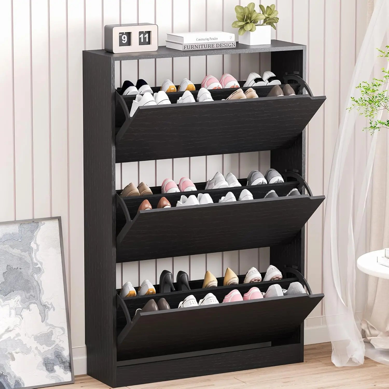 Slim Shoe Cabinet with 3 Flip Drawers, Adjustable Shelves, Freestanding Organizer for Entryway Hallway Closet Storage