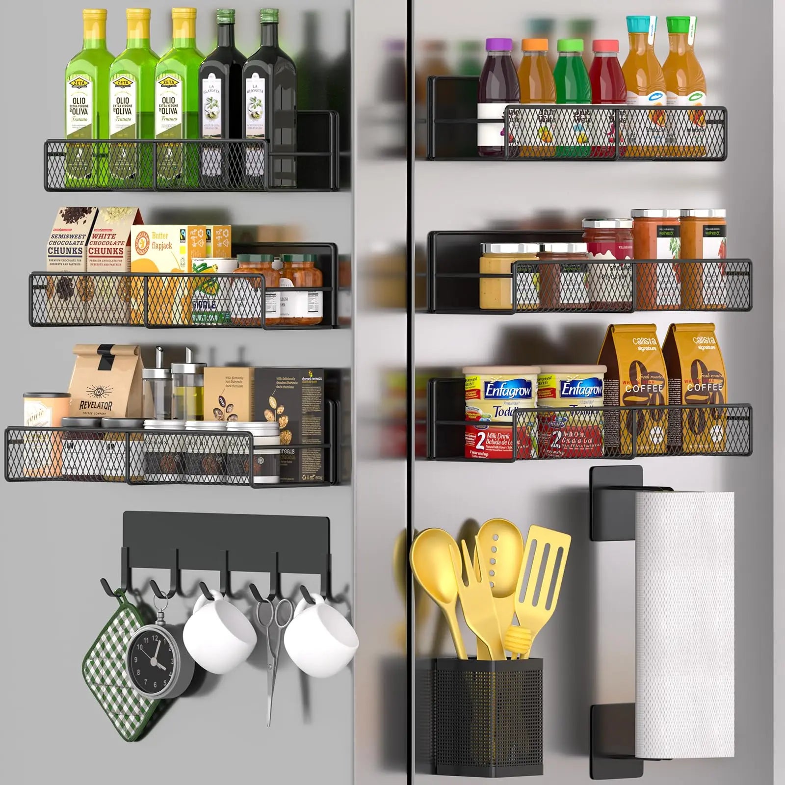 Refrigerator Magnetic Spice Rack, 6-piece 100% Metal Strong Magnetic Shelf Black, Space-Saving Spice Storage, Home Kitchen Laundry Storage Organization W/Tissue Rack, Cutlery Rack