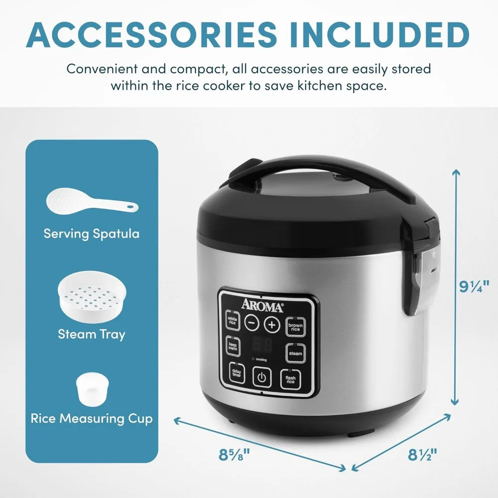 Digital Rice Cooker 4 Uncooked 8 Cooked Steamer Grain Multicooker 2 Qt Stainless