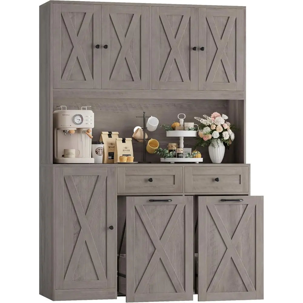 71" Kitchen Pantry with 12.5 Gallon Double Trash Can Cabinet, Grey | armhouse Garbage Can Cabinet with Pull Out Trash Can Storag