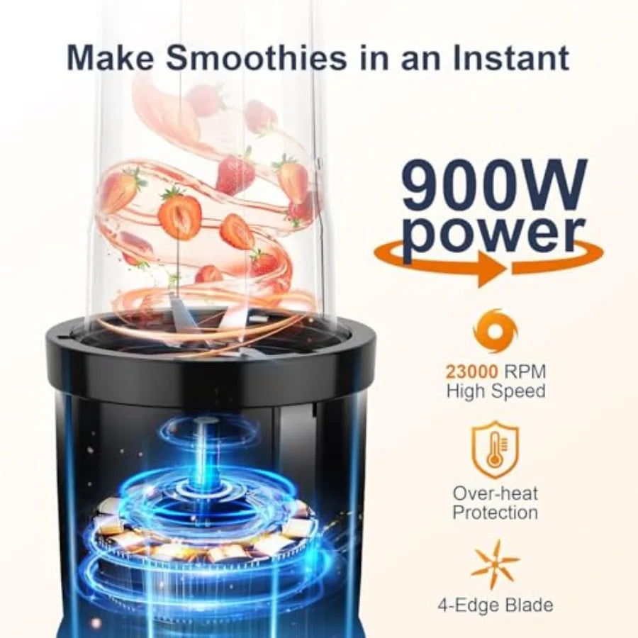 Smoothie Blender, 900W Personal Blender for Shakes and Smoothies for Kitchen with 2 Portable Cups 22oz, Single Serve Smoothies