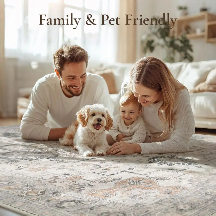 5X7 Area Rugs for Living Room, Machine Washable Non Slip Vintage Rugs, Low Pile Lightweight Chenille Print Rug for Bedroom,