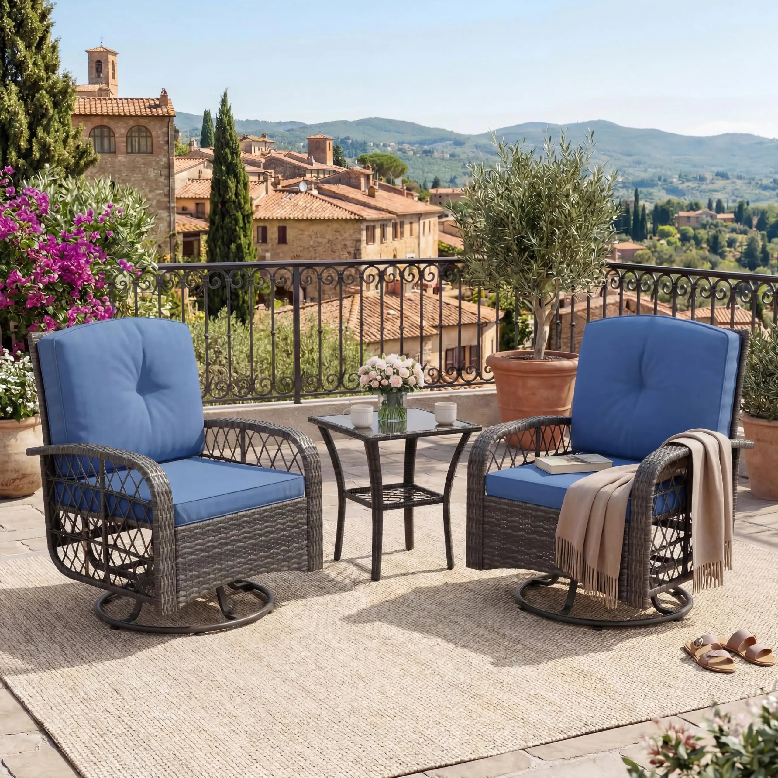 Outdoor Wicker Conversation Set, 3 PCS Swivel Rocker Chairs With Thick Cushions & Tempered Glass Table For Balcony Porch Patio