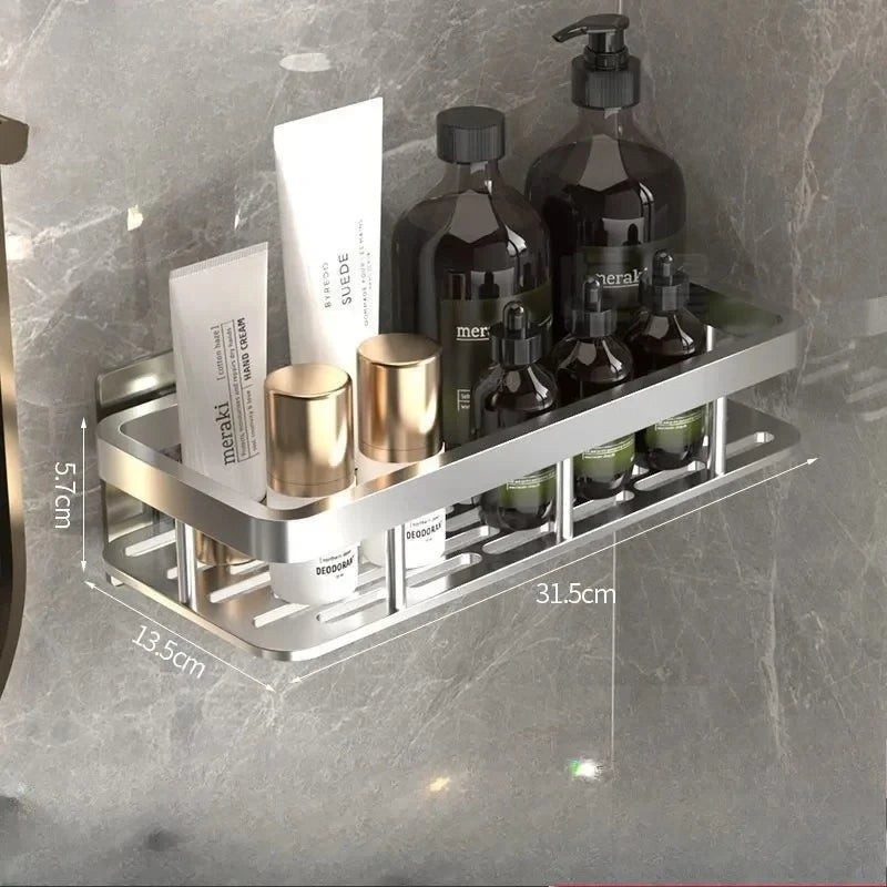 Bathroom Shelf & Kitchen Storage Organizer – Aluminum Alloy Shampoo Rack, Shower Shelf, No Drill Toilet & Bath Accessories.