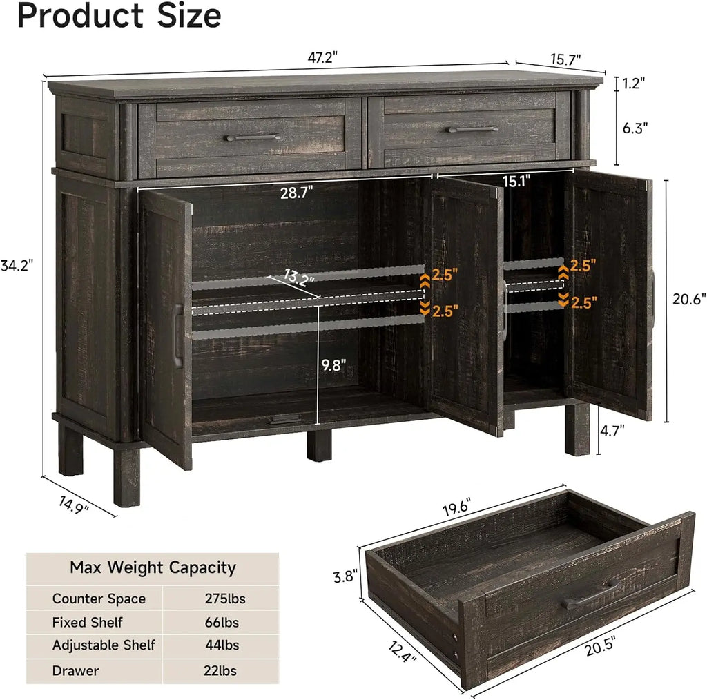 48" (122cm) Rustic Brown Farmhouse Sideboard Buffet Cabinet, Storage Coffee Bar with 2 Drawers + 3 Doors & Adjustable Shelves, Living Room Kitchen Storage Cabinet