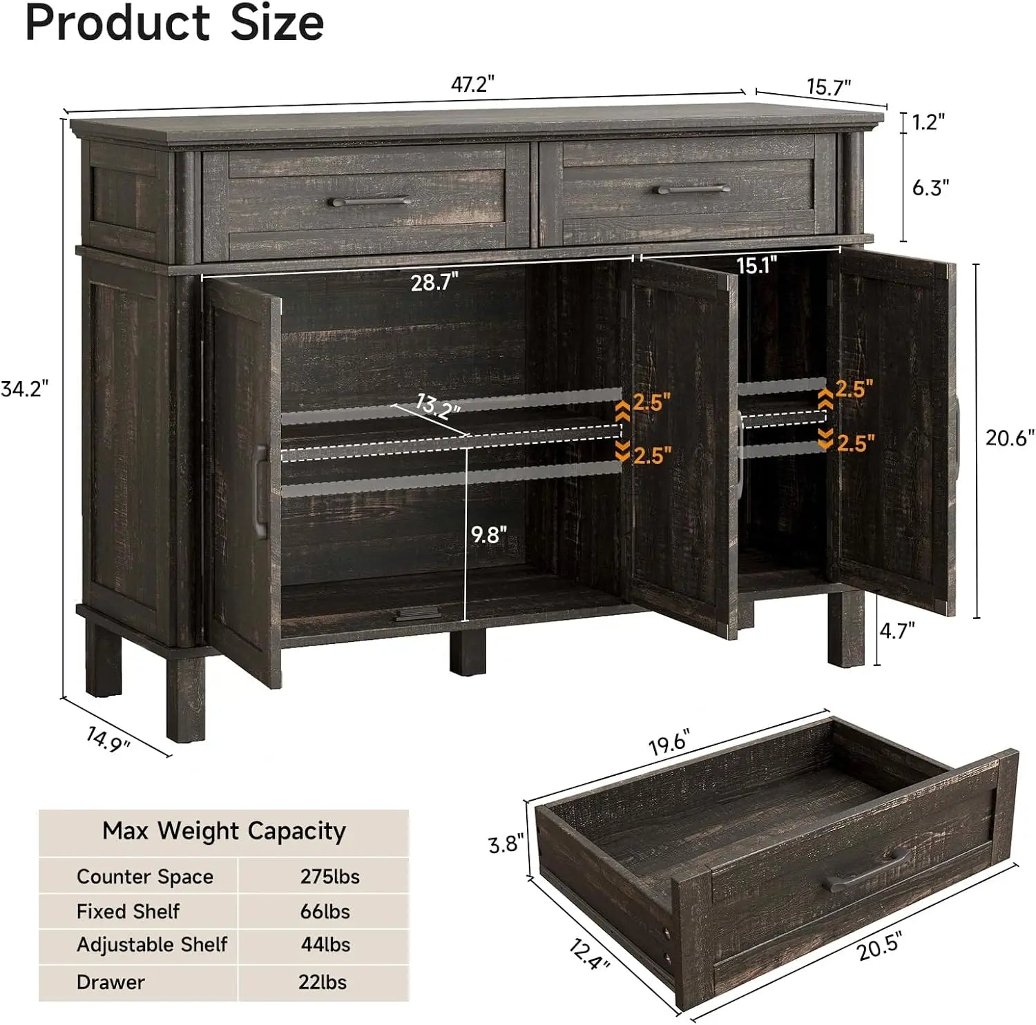 48" (122cm) Rustic Brown Farmhouse Sideboard Buffet Cabinet, Storage Coffee Bar with 2 Drawers + 3 Doors & Adjustable Shelves, Living Room Kitchen Storage Cabinet