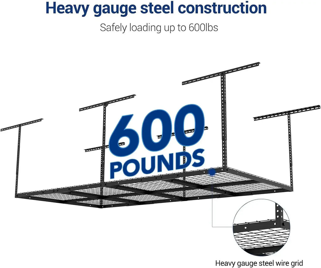3x8 Overhead Garage Ceiling Storage Rack, Adjustable Garage Organization System, Heavy Duty Metal, 600lbs Weight Capacity, Black